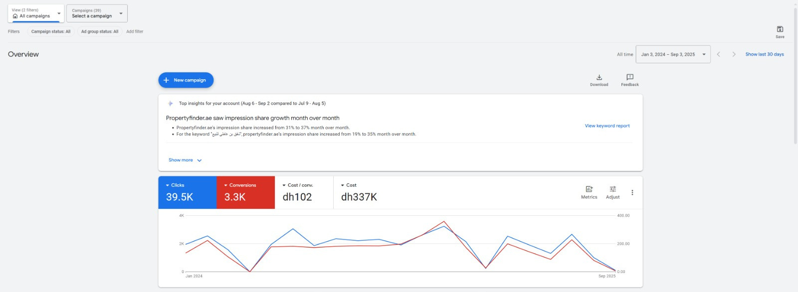 Original Google Ads account overview screenshot from the supplied Infinity Hills portfolio